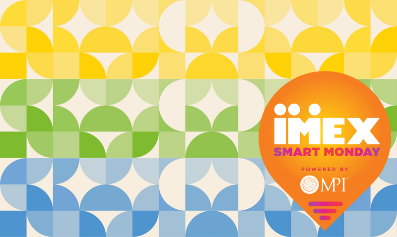 Colorful geometric pattern with overlapping circles in shades of yellow, green, and blue. An orange pin-shaped logo reads "IMEX Smart Monday Powered by MPI.