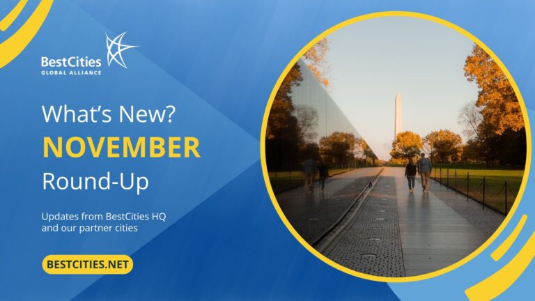 Promotional graphic for BestCities November round-up featuring a scenic path and Washington Monument in autumn flanked by a blue background and text.