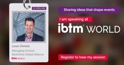 A speaker badge for Loren Christie, Managing Director at BestCities Global Alliance, with text promoting his session at IBTM World 2025.