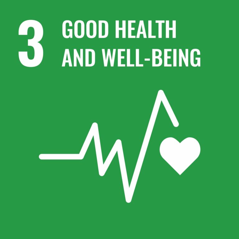 Green background with the number 3, labeled "Good Health and Well-Being," featuring a white medical heartbeat line ending in a heart icon, symbolizing one of the Sustainable Development Goals.