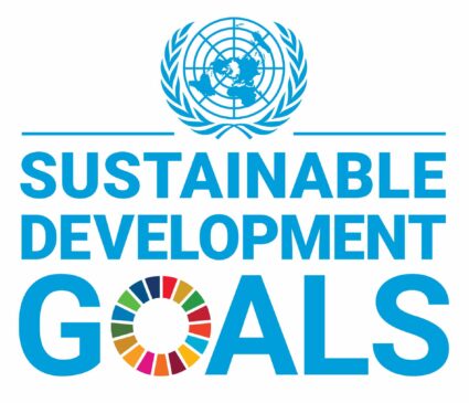 UN Sustainable Development Goals logo with 17 multicolored segments forming a circle under the blue text "Sustainable Development Goals" and the UN emblem on top, symbolizing global commitment to the Sustainable Development Goals.