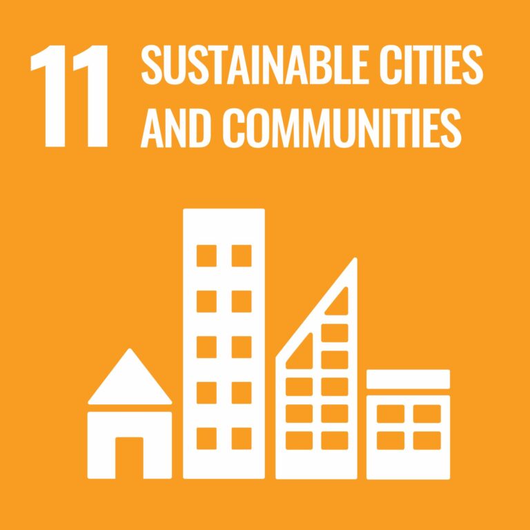 Icon for Sustainable Development Goal 11: Sustainable Cities and Communities. It features white icons of various building types on an orange background, representing the broader framework of the Sustainable Development Goals.