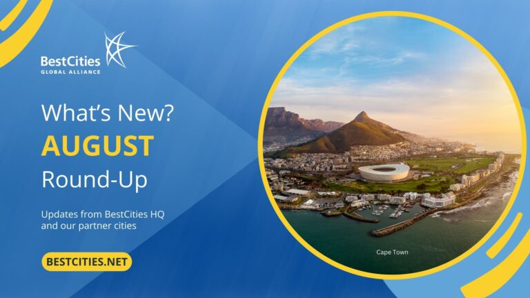 Promotional image for BestCities Global Alliance featuring a landscape view of Cape Town, South Africa, announcing "What's New? AUGUST Round-Up" with updates from BestCities HQ and partner cities.