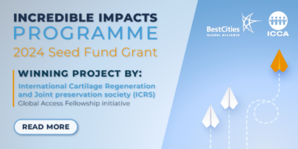 Promotional graphic for the 2024 Seed Fund Grant by BestCities and ICCA, featuring the winning project by the International Cartilage Regeneration and Joint Preservation Society (ICRS).