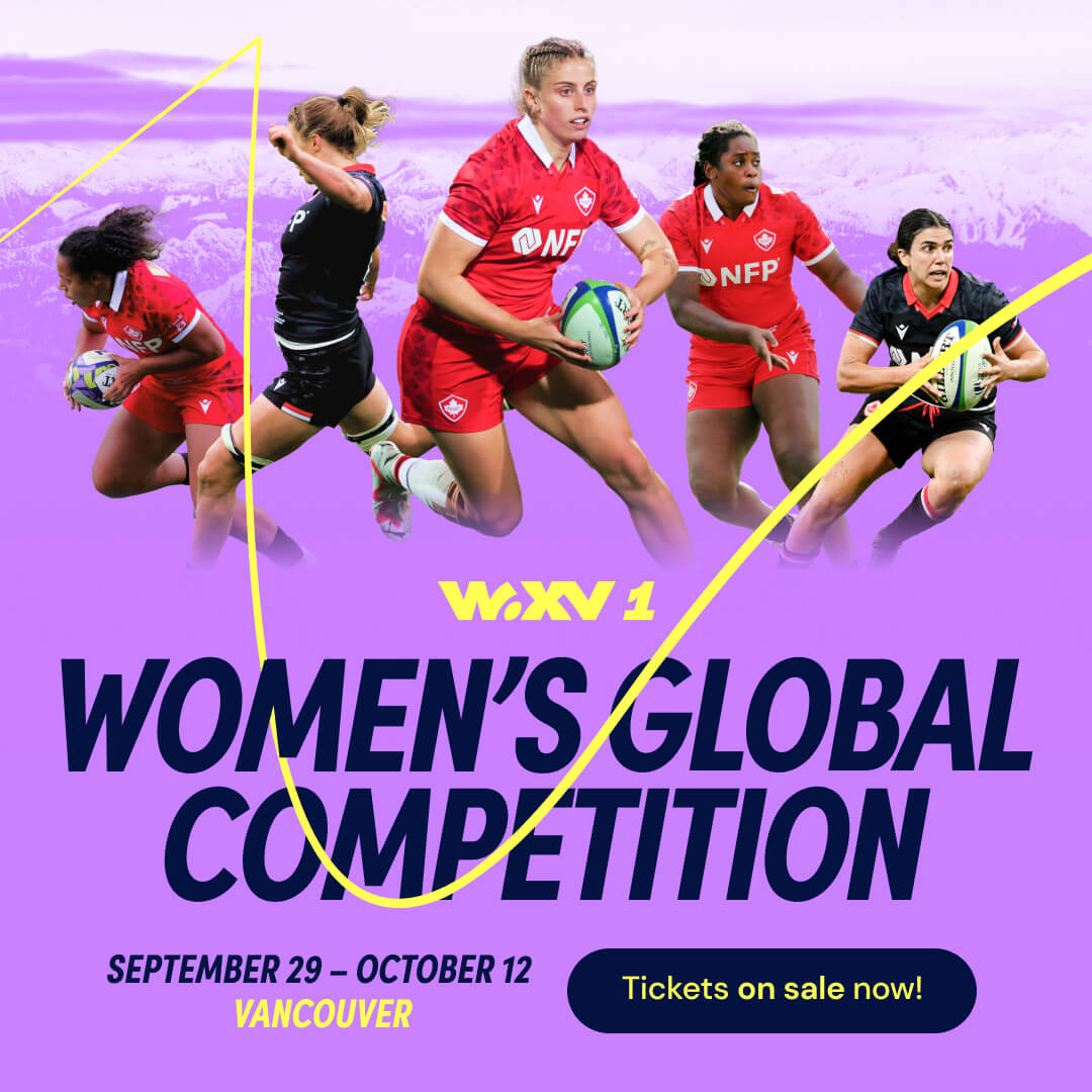 Promotional poster for the Women's Global Competition in rugby, taking place in Vancouver from September 29 to October 12, featuring players in action and details about tickets.