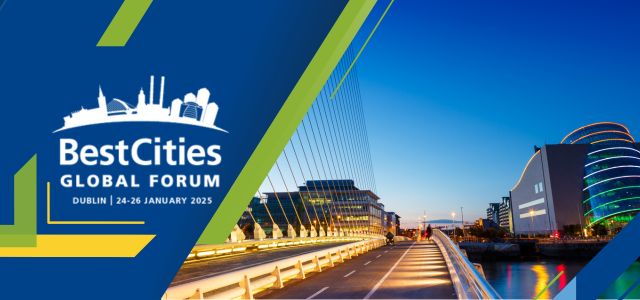 Banner for the BestCities Global Forum in Dublin, scheduled from January 24-26, 2025, featuring a cityscape with a lit-up bridge and modern buildings at dusk.