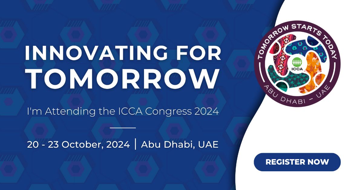 Promotional image for the ICCA Congress 2024 in Abu Dhabi, UAE, from 20-23 October 2024 with a "Register Now" button. The slogan is "Innovating for Tomorrow".