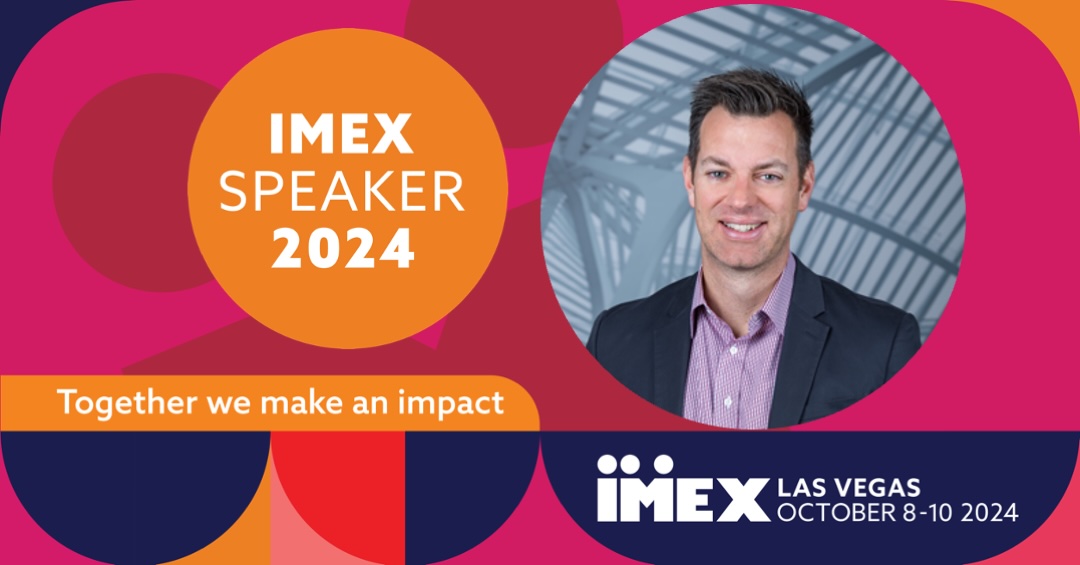 Promotional image for IMEX Las Vegas 2024, featuring a male speaker with the text "IMEX Speaker 2024" and "Together we make an impact." Event dates are October 8-10, 2024.