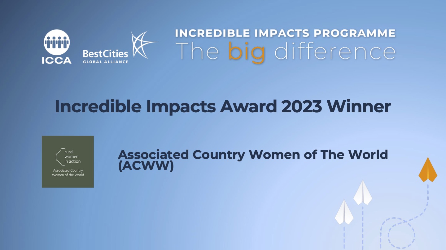 Incredible Impacts Award 2023 Winner: Associated Country Women of The World (ACWW) with ICCA and BestCities Global Alliance logos on a blue background with paper plane graphics.