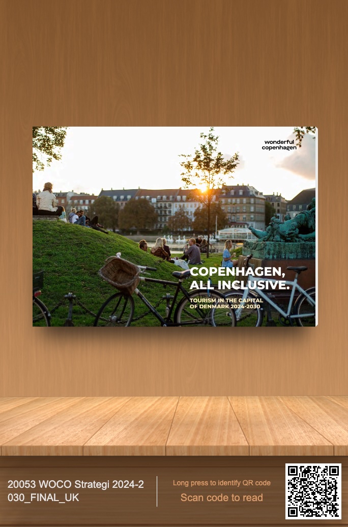 A poster on a wooden wall promotes Copenhagen tourism with a scenic city view, bicycles, and the text "Copenhagen, All Inclusive: Tourism in the Capital of Denmark 2024-2027".