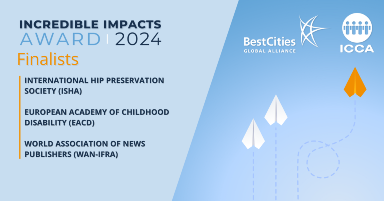 Image showing the 2024 Incredible Impacts Award finalists: ISHA, EACD, and WAN-IFRA. Logos of BestCities Global Alliance and ICCA are at the top right. Paper airplane graphics are in the background.