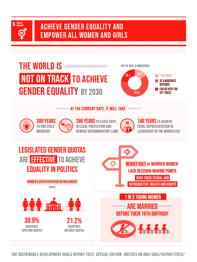 Infographic on gender equality progress: highlights global target shortfall by 2030, emphasizes early marriage and legislative quotas, and presents statistics on marriage and political representation.