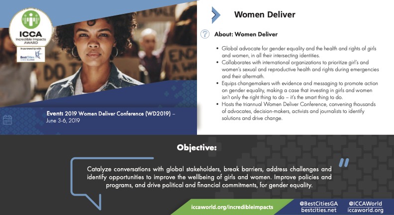 Infographic for ICCA World. Features a woman, event details for "Women Deliver Conference" in 2019, and objectives for global gender equality collaboration.