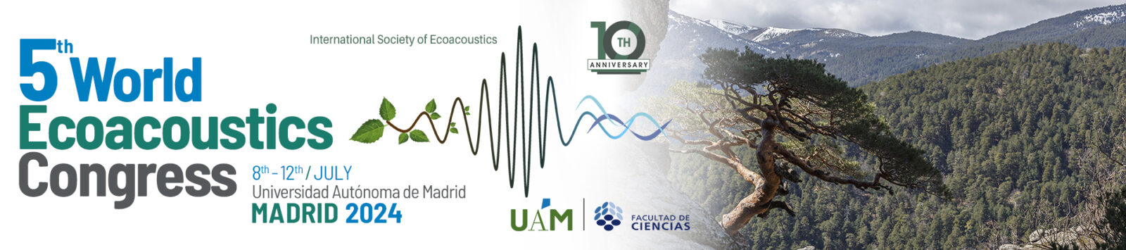 Banner for the 5th World Ecoacoustics Congress 2024, featuring a waveform, plants, and mountain background. Hosted by Universidad Autónoma de Madrid, July 8-12.