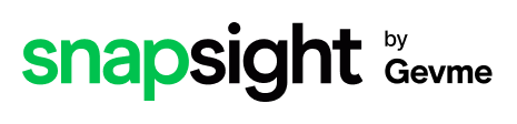 Snapsight by Gevme Logo with White BG - Horizontal Logo with the text "snapsight by Gevme" in a combination of green and black font on a white background, highlighting collaboration with strategic partners.