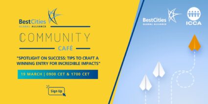 BestCities Global Alliance Community Café event poster with event title, date, time, and a "Sign Up" button on a yellow and blue background.