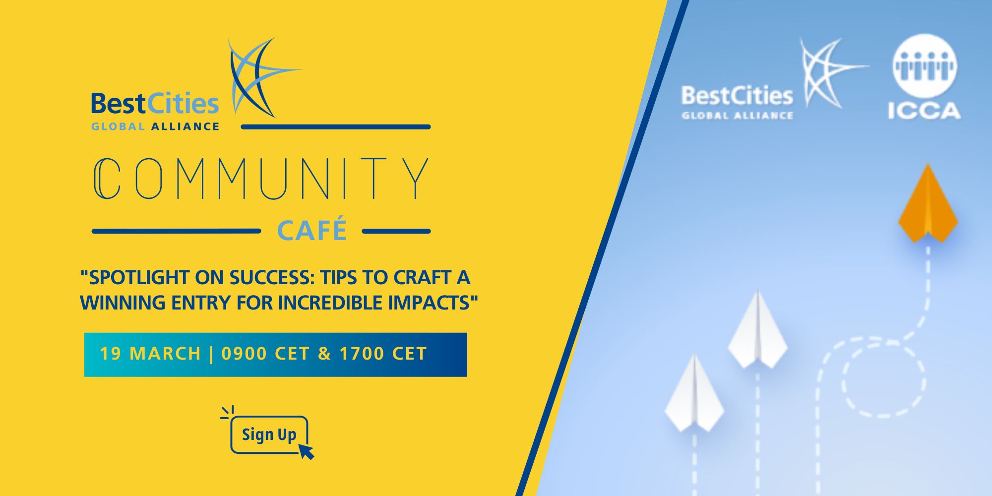 BestCities Global Alliance Community Café event poster with event title, date, time, and a "Sign Up" button on a yellow and blue background.
