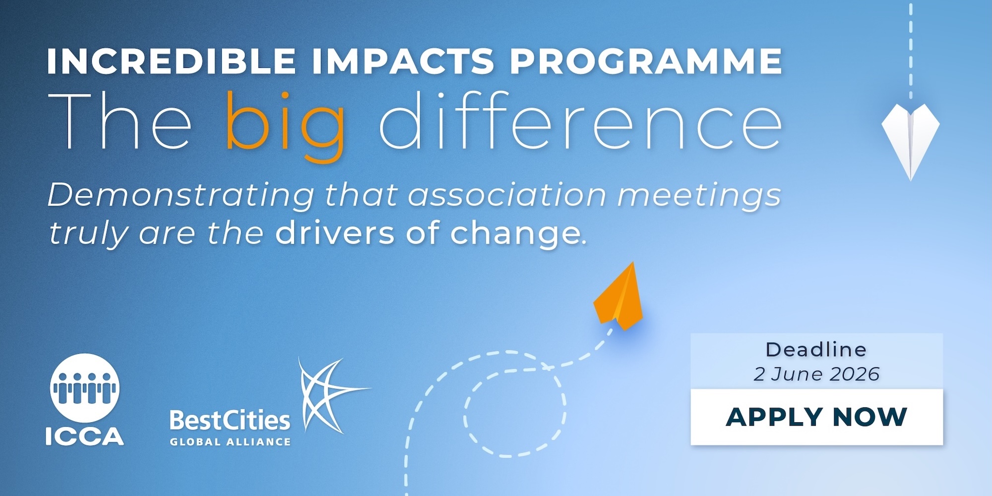 Promotional graphic for the Incredible Impacts Programme, showing application deadline as 2 June 2026 and an “Apply Now” button, with ICCA and BestCities logos.